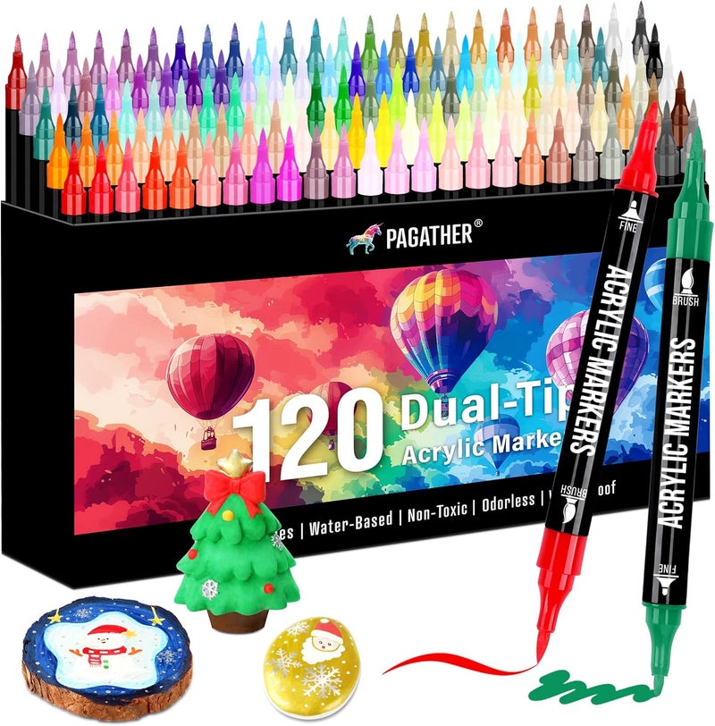Pagather 120 Colors Acrylic Paint Markers, Dual Tip Fine Tip and Brush Tip Pens Contain 24 Metallic Color for Stone, Wood, Calligraphy, Canvas, Ceramic, Metal, Glass, Rock Painting, DIY Crafts - Image 1